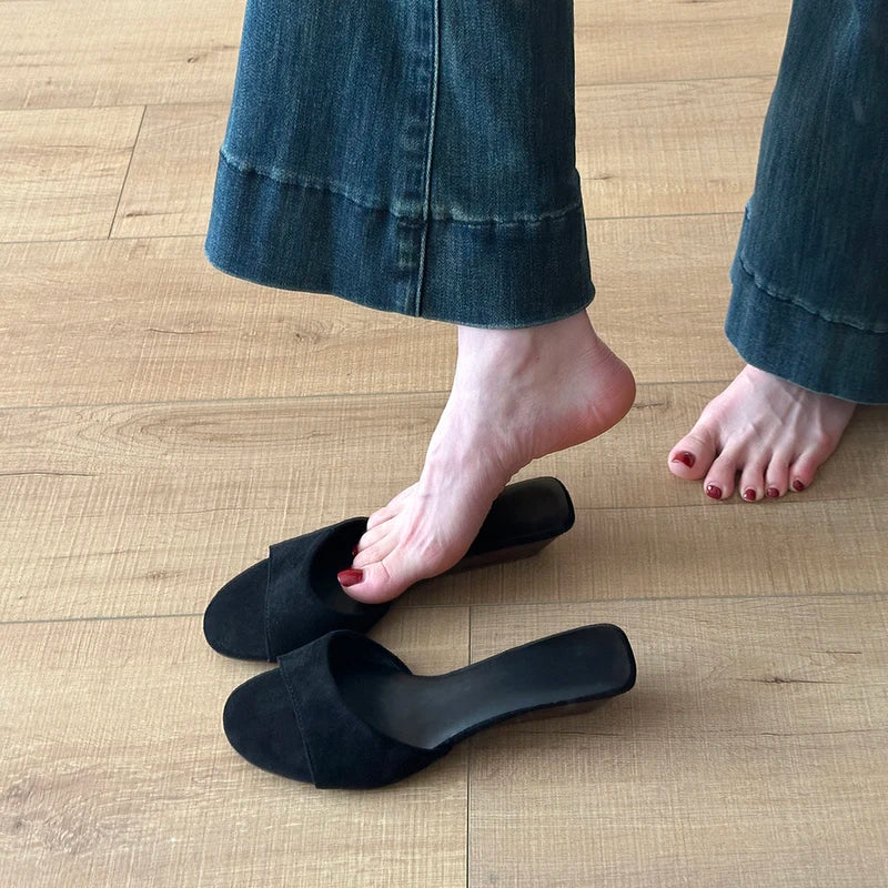 Sandalias de Verano para Mujer, Punta Abierta, Gamuza, Elegantes, Color Sólido, Tacón de Cuña, Zapatos de Vestir, Cómodas, para Playa y Exteriores