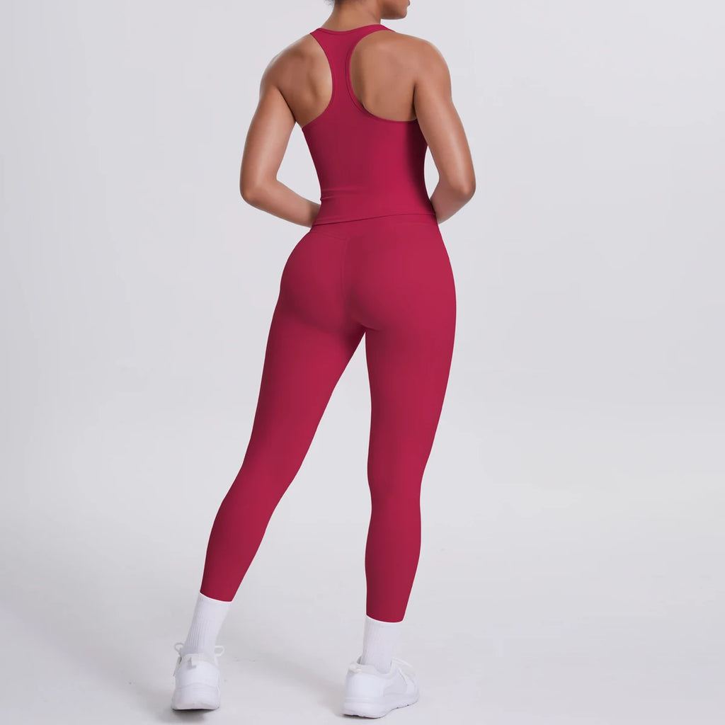 Hamidou - Conjunto de yoga de 2 piezas para mujer: leggings de fitness de secado rápido con efecto push-up y top deportivo con espalda en I de color liso.