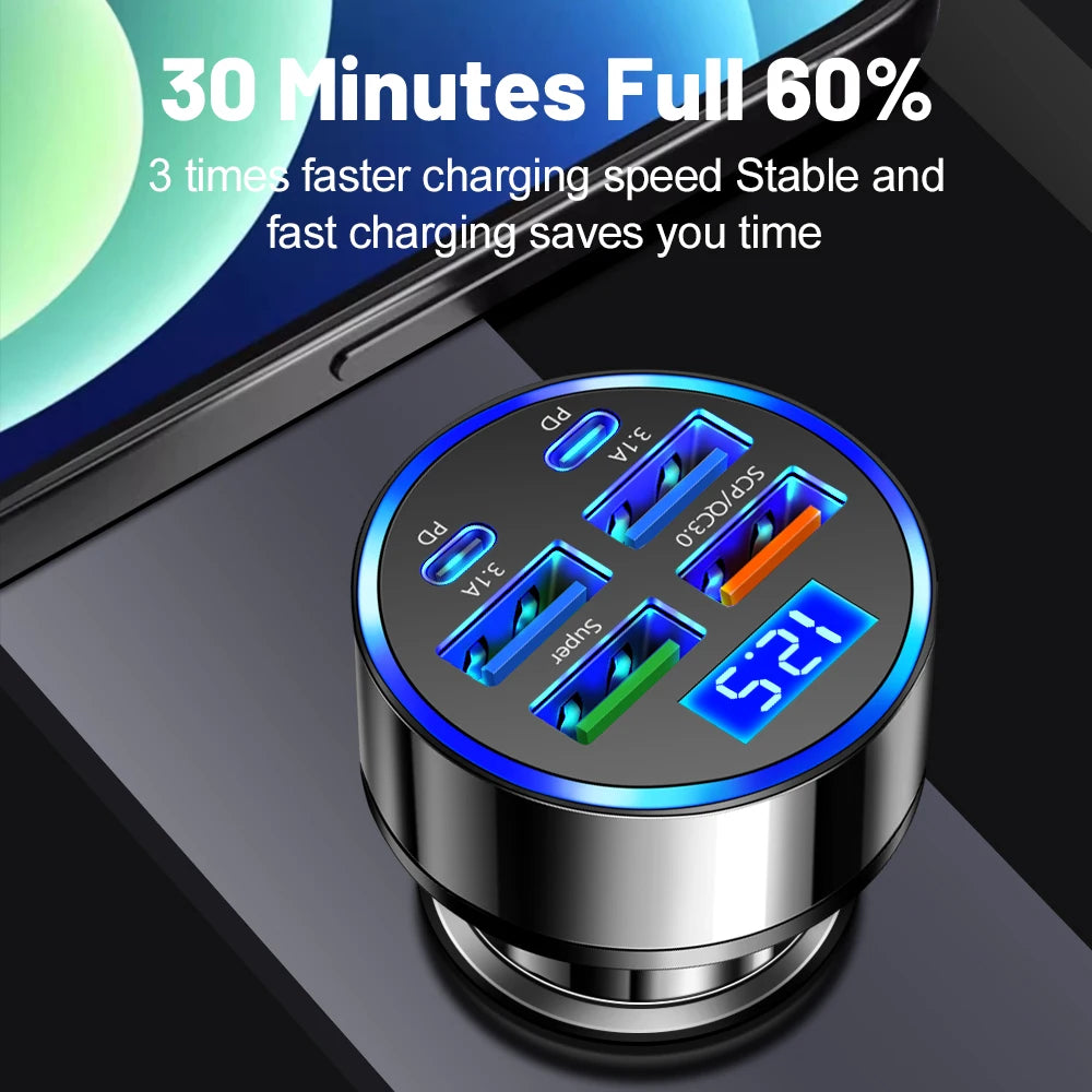 Cargador de coche USB de 350W PD QC3.0 cargador de teléfono de coche 6 en 1 adaptador de carga rápida USB tipo C en coche para iPhone Samsung Huawei Xiaomi