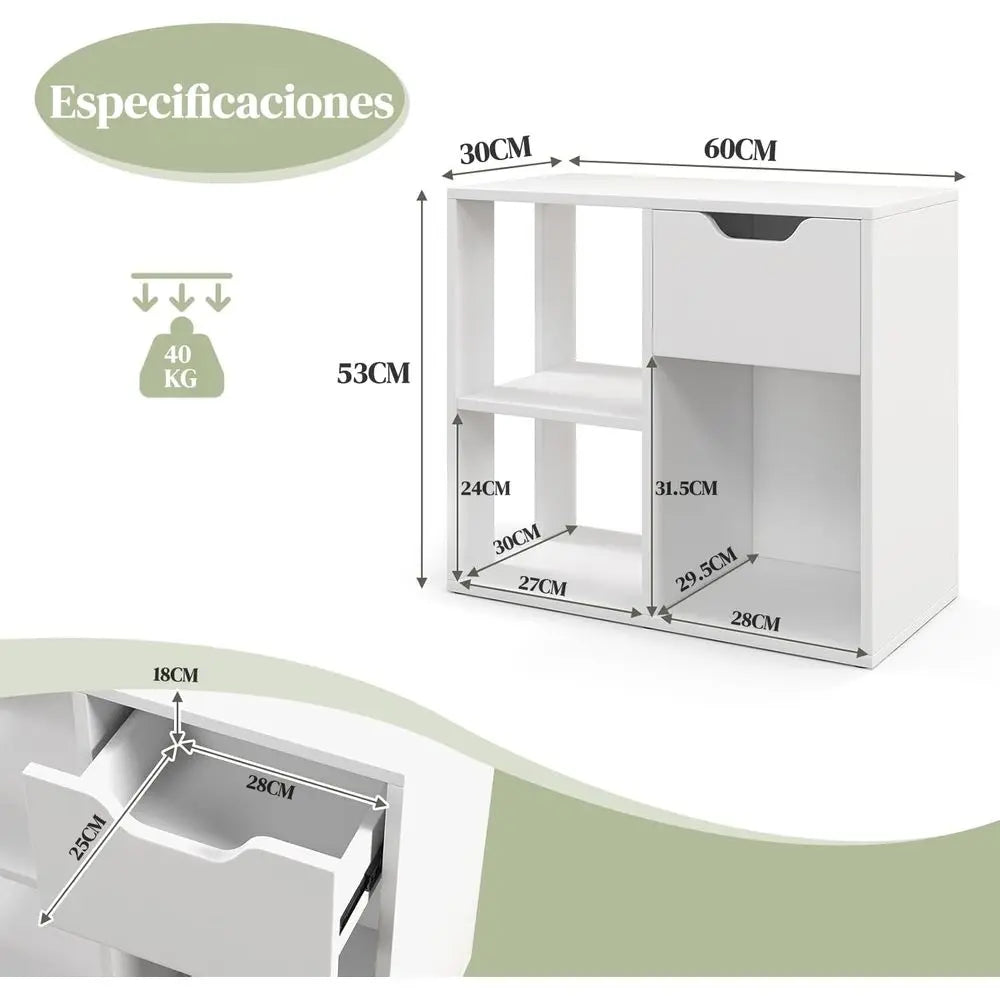 Librero Compacto de 2 Niveles con 4 Compartimentos y 1 Cajón, Estantería Moderna para Espacios Reducidos