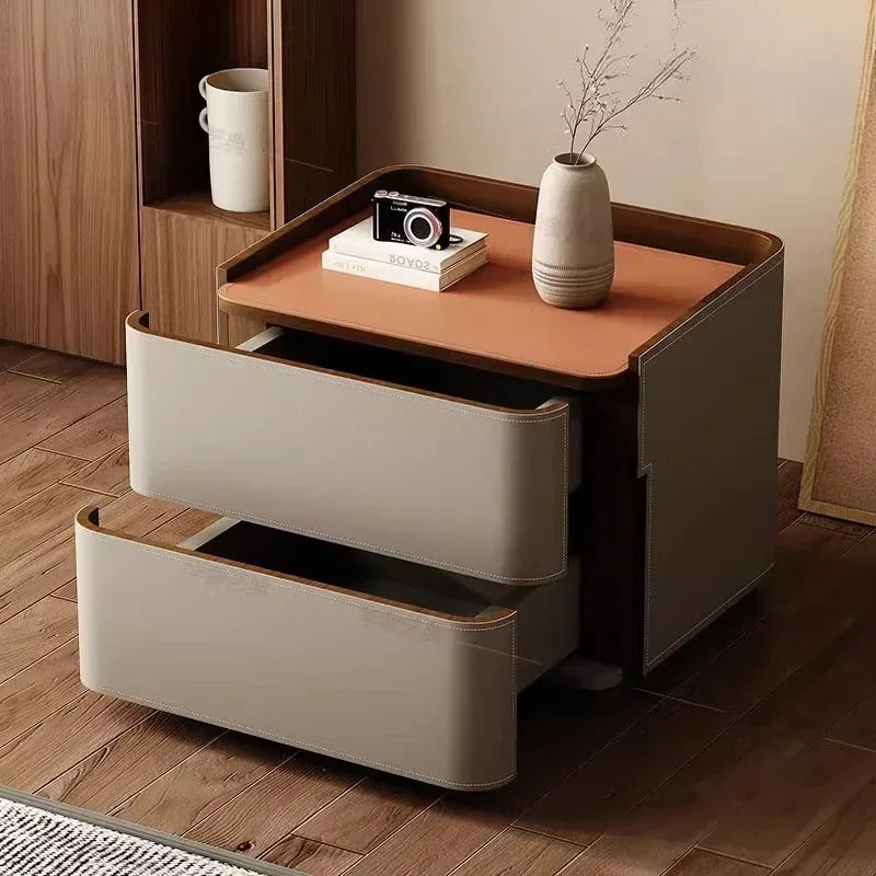 Mesita de Noche de Cuero con Cajones, Almacenamiento Estético para Dormitorio, Mesitas de Noche Modernas de Lujo, Muebles para el Hogar que Ahorran Espacio