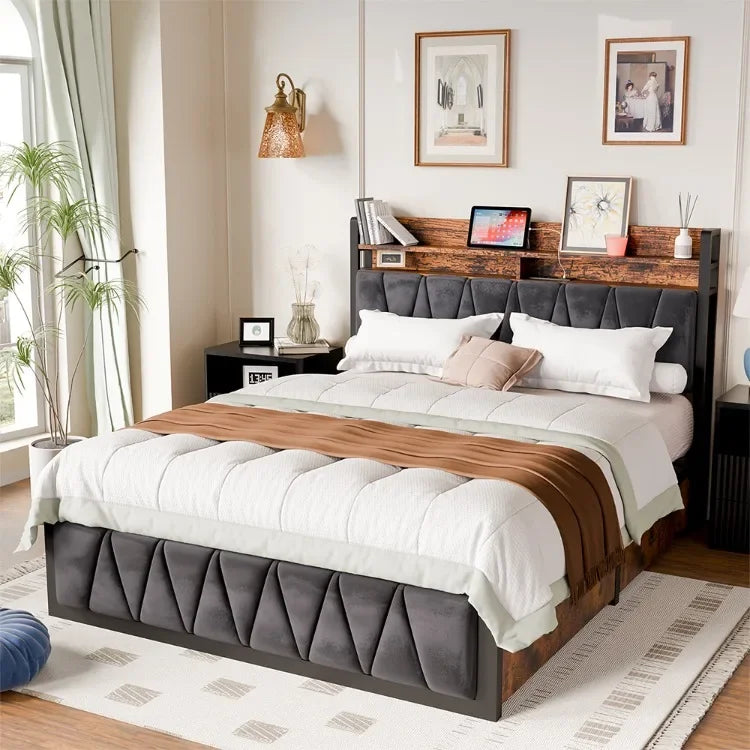 Plataforma de marco de cama, Bases de cama de madera laterales modernas, cajones, gabinetes, soporte de listones, cabecera, colchón de tamaño completo, base para camas