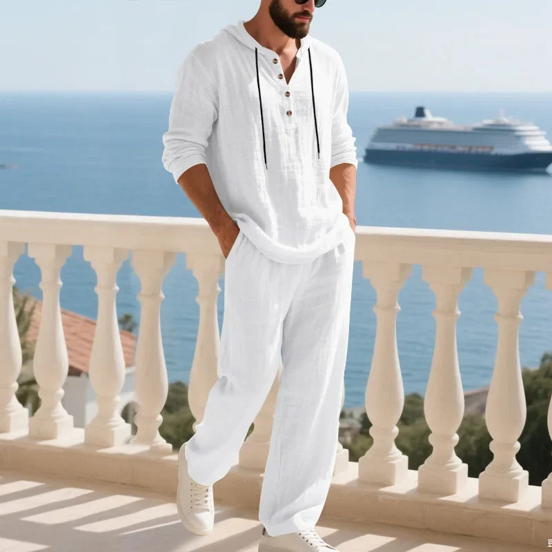 Conjunto informal holgado de lino para hombre, camisa Henry de manga larga y pantalones largos, conjunto cómodo y transpirable a la moda para otoño 2025