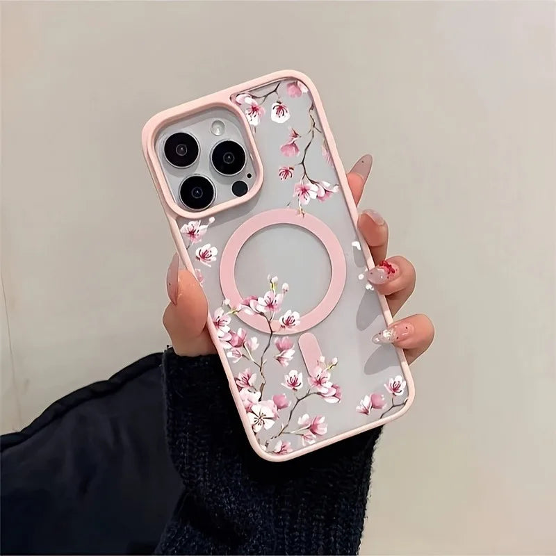 Funda de teléfono magnética con diseño de fondo Floral elegante de cereza rosa para iPhone 17 16 15 14 13 12 Pro Max 11 16 Plus 16E 17Air