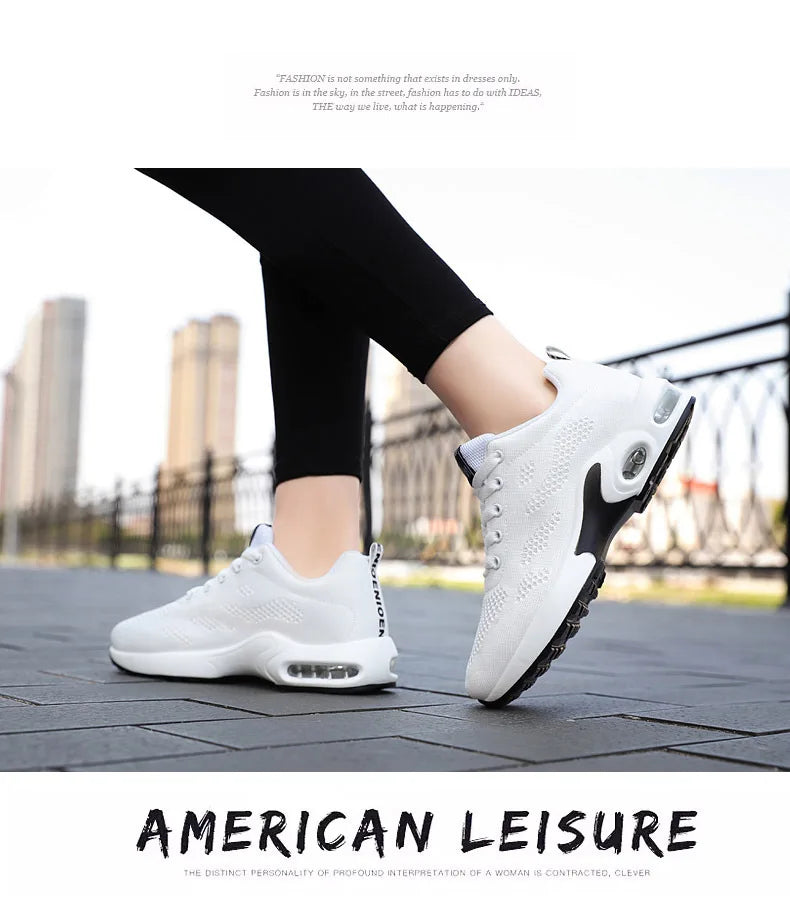 Zapatos deportivos transpirables con amortiguación de aire para mujer, zapatillas informales con cordones cruzados y tacón plano con punta redonda de estilo coreano