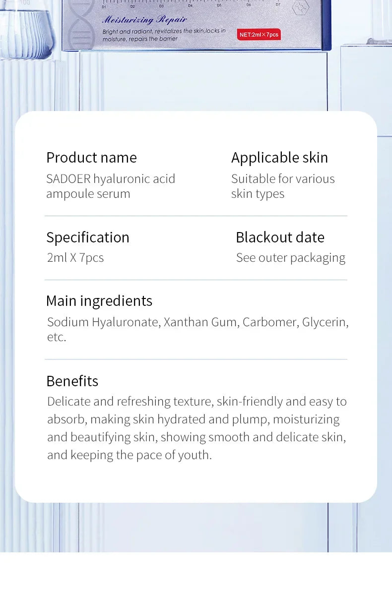 Sadoer cuidado de la piel suero líquido de ácido hialurónico hidratante Facial Lifting Glow Up нити дляislavтяжки лица Dermapen Serum 2ml * 7Pcs