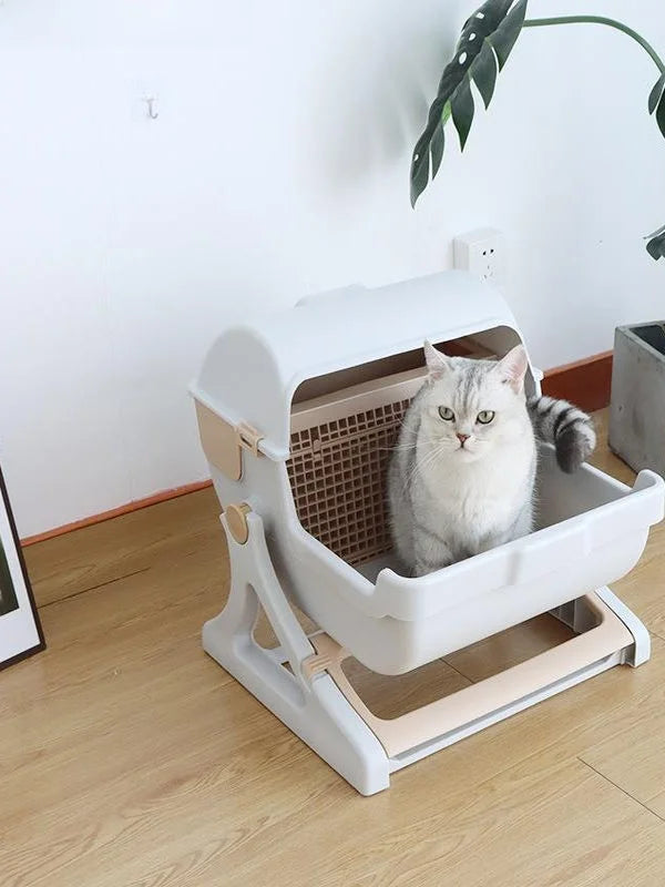 Caja de arena extra grande para gatos, semicerrada, sin arena, con limpieza automática, diseño portátil para gatos grandes, a...