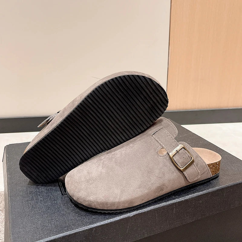 Sandalias de medio arrastre, zuecos para mujer, zapatillas de gamuza de corcho a la moda, zapatillas clásicas antideslizantes de corcho para exteriores con arco
