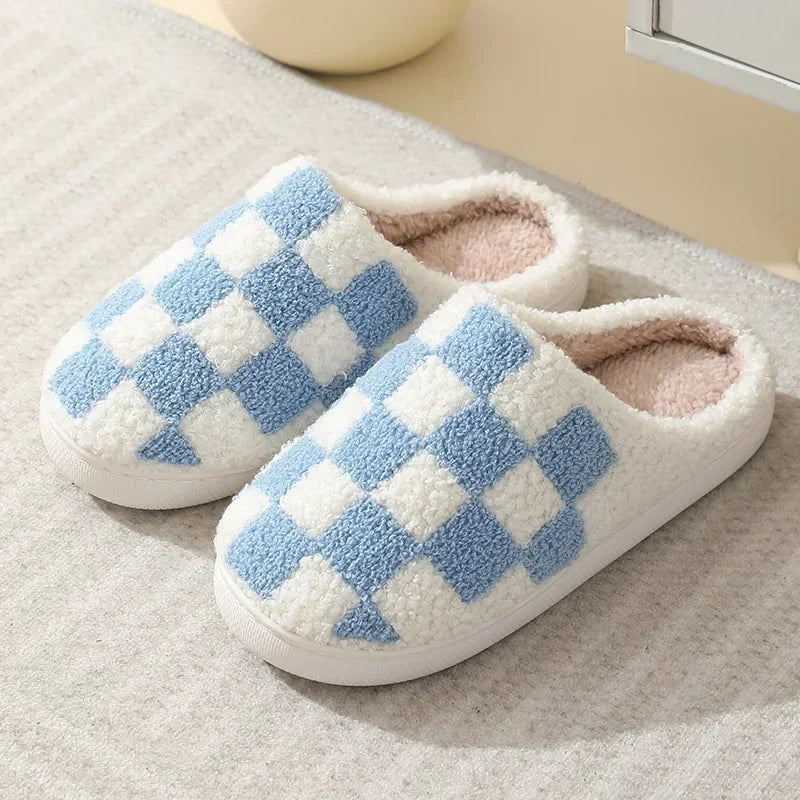 Zapatilla a cuadros para mujer, invierno cálido, hogar, dibujos animados Kawaii, Contton de felpa, interior, divertido, lindo, peludo, zapatos de suelo para casa, tablero de ajedrez femenino