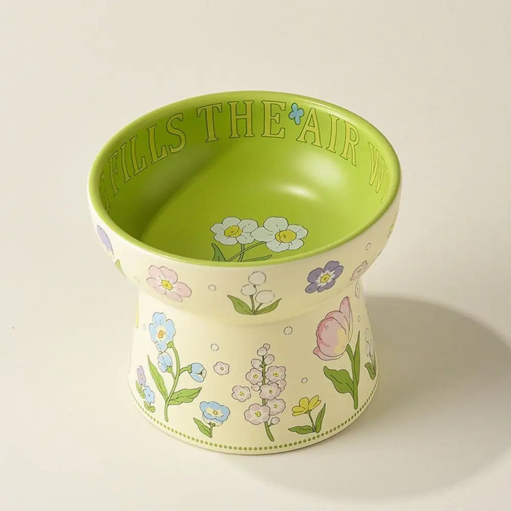 Tazón de cerámica verde duradero para gatos, tazón antideslizante con diseño de conejo y flores, tazón elevado diagonal para beber y alimentar.