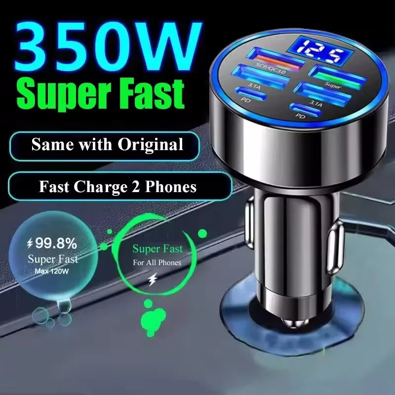Cargador de coche USB de 350W PD QC3.0 cargador de teléfono de coche 6 en 1 adaptador de carga rápida USB tipo C en coche para iPhone Samsung Huawei Xiaomi