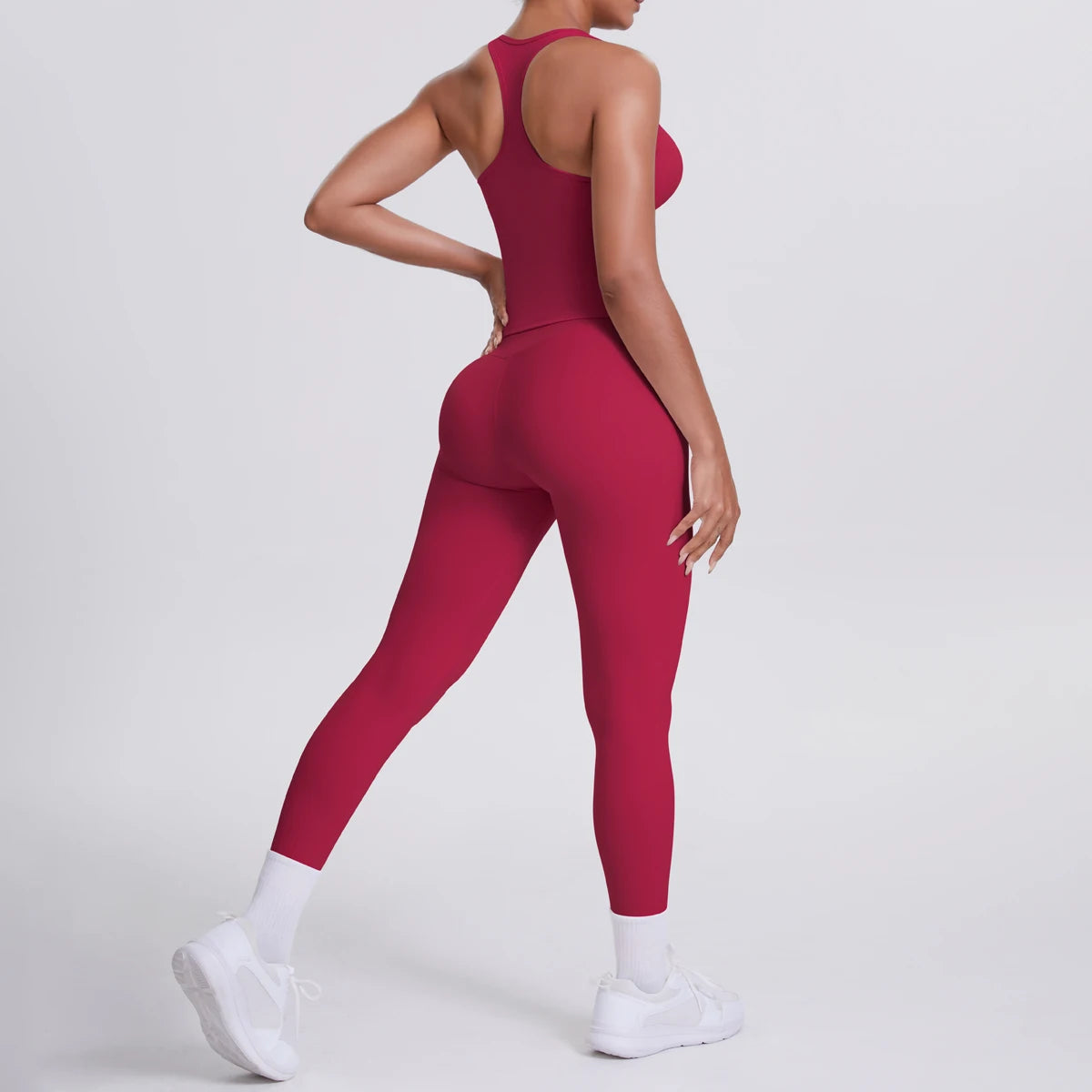 Hamidou - Conjunto de yoga de 2 piezas para mujer: leggings de fitness de secado rápido con efecto push-up y top deportivo con espalda en I de color liso.