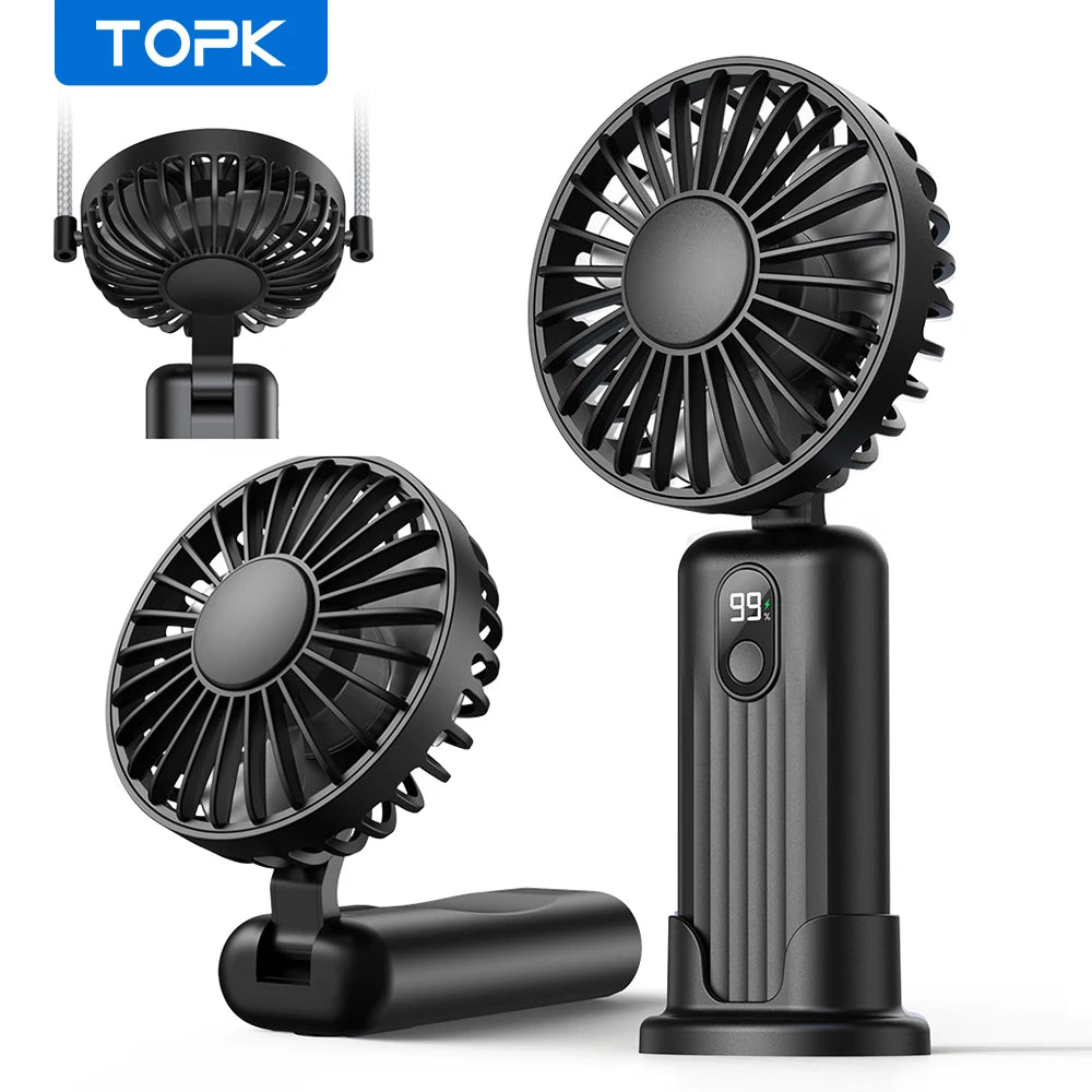 Mini ventilador portátil TOPK, ventilador de cuello de mano recargable por USB de 2400mAh, ventilador eléctrico Personal 3 en 1, ventiladores de pie para habitación, Camping, plegable