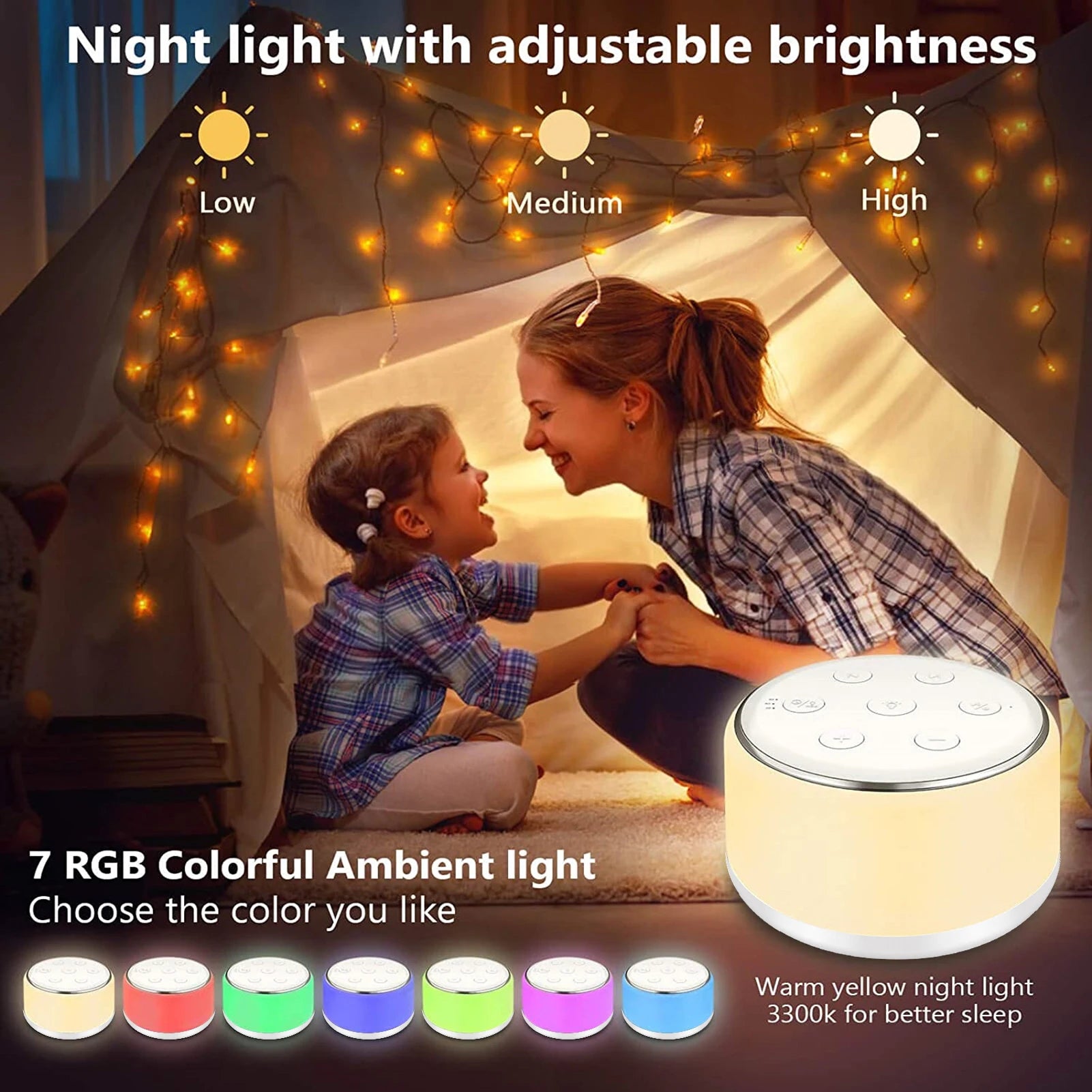 Máquina de ruido blanco de escritorio, máquina de sonido para dormir para bebé, chupete para dormir, luces nocturnas de 7 colores, 34 sonidos relajantes, 30min/60min/90m