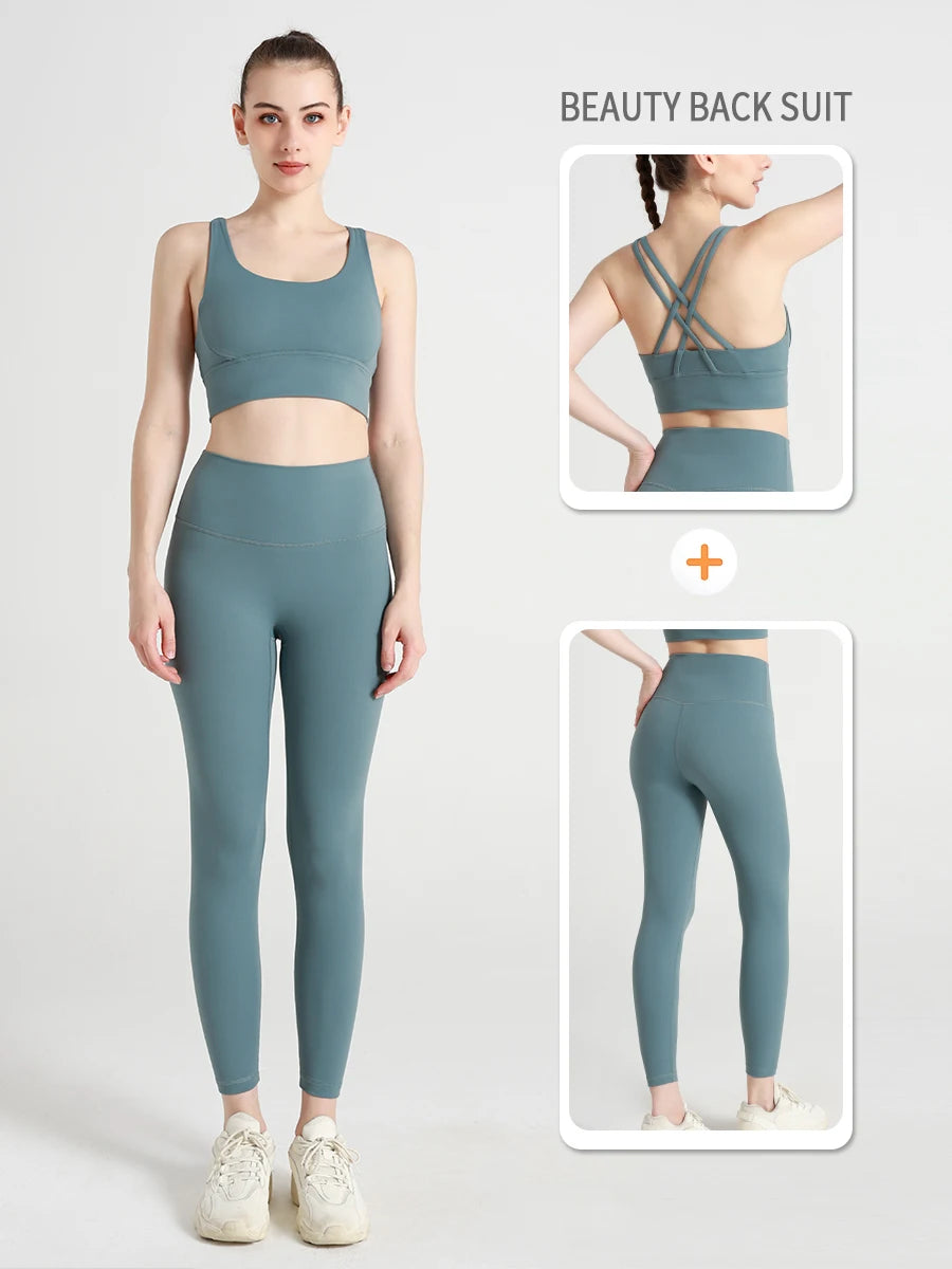 Ropa de Yoga de 2 piezas, chándal para mujer, ropa atlética, traje de Fitness para Pilates, entrenamiento de gimnasio, ropa de realce, Sujetador deportivo, traje de mallas