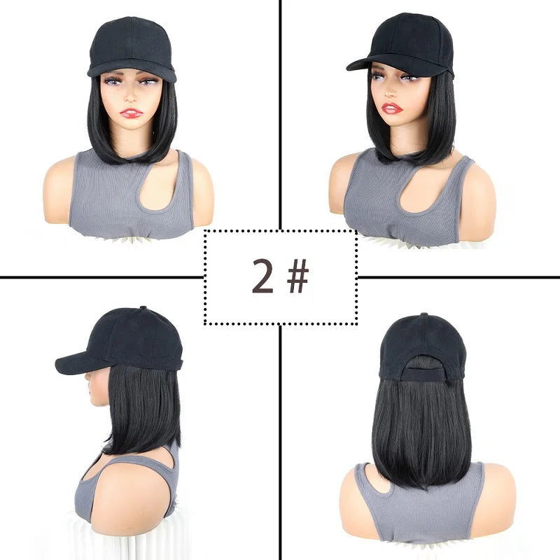 Extensiones de cabello de gorra de béisbol sintética de 12 pulgadas, peluca de sombrero ajustable Bob recta corta, fácil de usar para mujeres de fiesta diarias