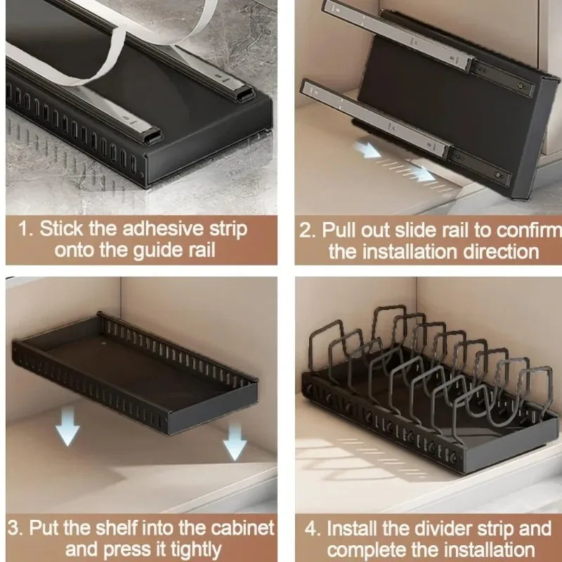 Organizador extraíble para gabinetes de cocina con rieles deslizantes, estante de almacenamiento ajustable para ollas, sartenes y platos