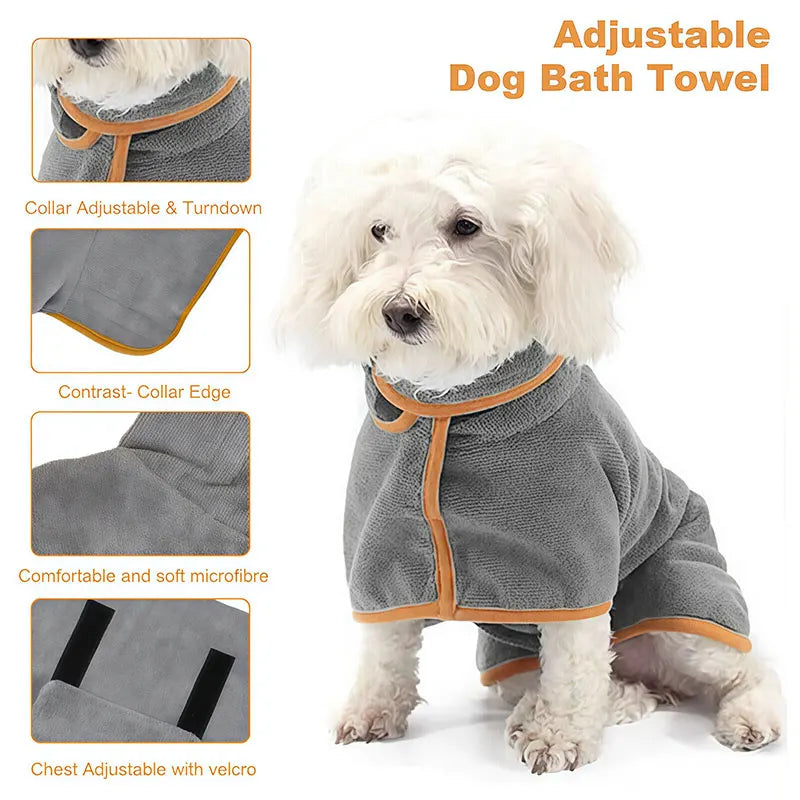 Toalla de albornoz para perros 2 en 1, cinta mágica ajustable, bata de secado rápido, ropa súper absorbente para mascotas para perros pequeños y medianos después del baño