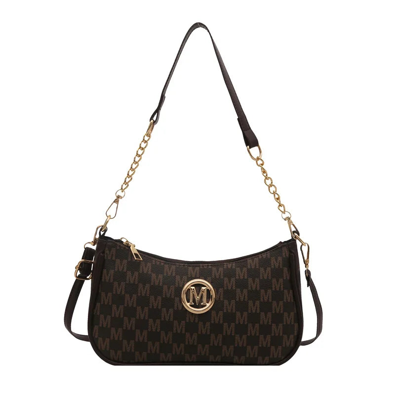 Bolso retro francés para axila, bolso de un hombro con estampado de letras y cadena cuadrada cruzada diagonal para mujer