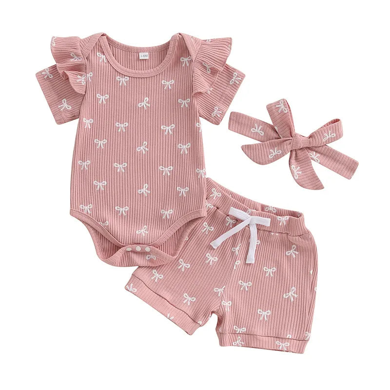 Conjuntos de verano para niña de 0 a 18 meses, pelele de manga corta con estampado de lazo, pantalones cortos de cintura elástica y diadema, conjunto de 3 uds.