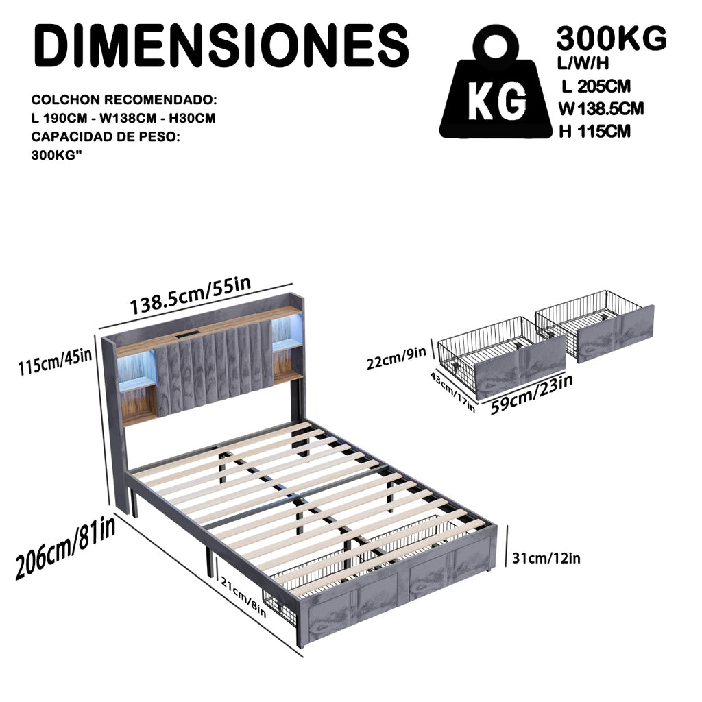 Base de Cama con Almacenamiento y Cabecero de Terciopelo, Estación de Carga, Bases de Cama Regulables, Cama de Lujo con Cabecero de Ala, Muebles de Lujo