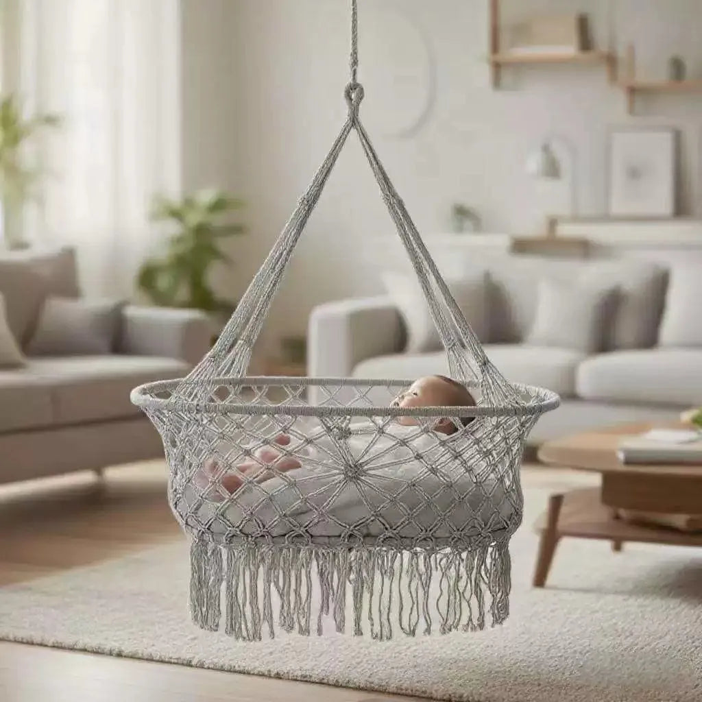 Cuna para Bebé, Cesta Colgante y Columpio Portátil para Guardería Infantil con Flecos de Cuerda