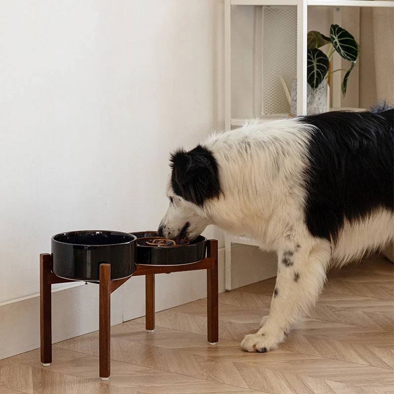 Cuencos grandes de cerámica para mascotas de 1800 ml con soporte de madera: platos de alimentación para perros grandes elevados dobles, cuencos antideslizantes para gatos
