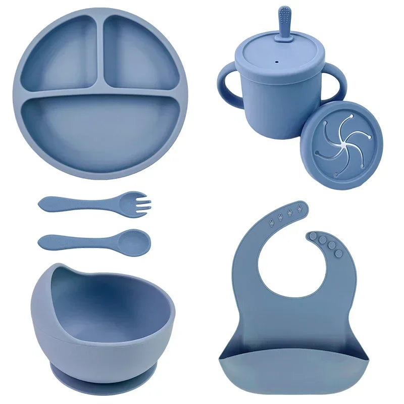 Juego de alimentación de bebé de silicona sin BPA, cuenco con ventosa, plato de comedor, taza de paja, cuchara, tenedores para niños, vajilla para bebés, platos para niños