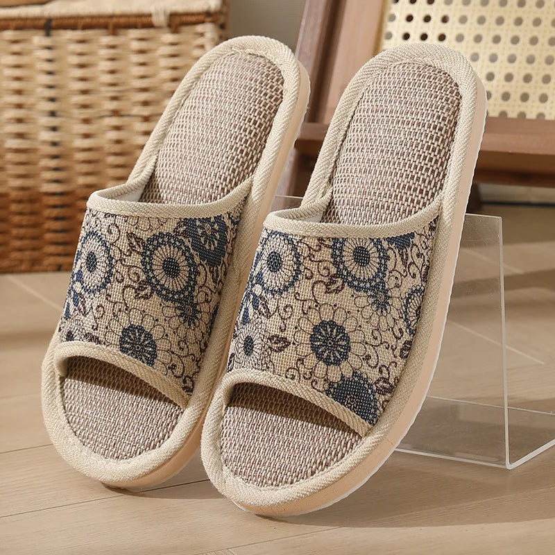 Otoño Invierno zapatillas de suelo para mujer Retro de lino con punta abierta EVA sandalias casuales de fondo grueso zapatillas de interior para parejas zapatos