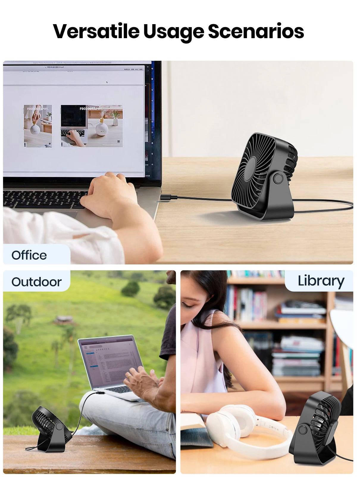 TOPK Mini ventilador portátil USB de 4 pulgadas para acampar, ventilador personal de mesa de escritorio silencioso de 3 velocidades, 360 ° Ajuste de ventiladores de pie para la habitación del hogar
