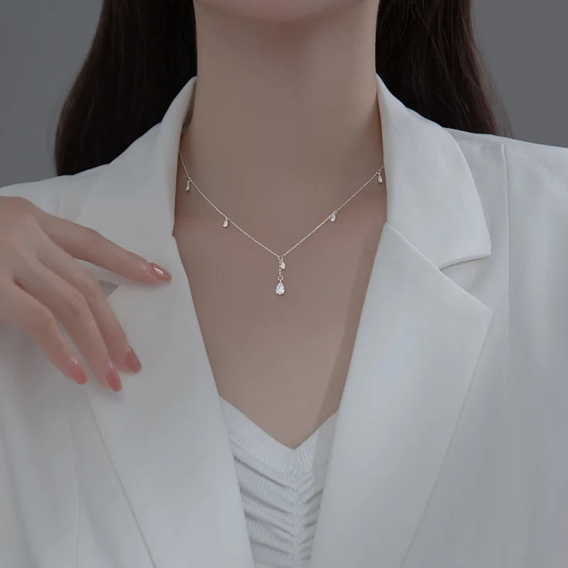 Nuevo collar de gota de plata de ley 925 con colgante de circón brillante, cadena de clavícula con borla, joyería de boda, regalo de dama de honor