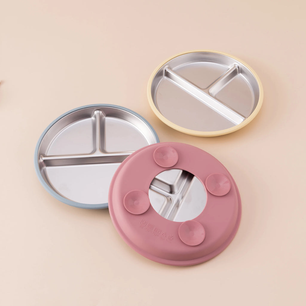 Juego de alimentación de bebé con plato de platos de acero inoxidable, cuenco con ventosa de silicona desmontable, sin BPA, tenedor infantil, cuchara, regalos, 5 uds.