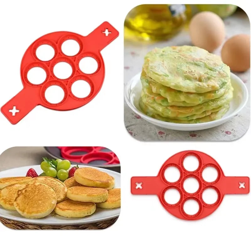 Molde de silicona antiadherente de 7 cavidades para hornear, con mango apto para alimentos, para huevos fritos, tortitas y tortillas, herramienta de cocina para el hogar.