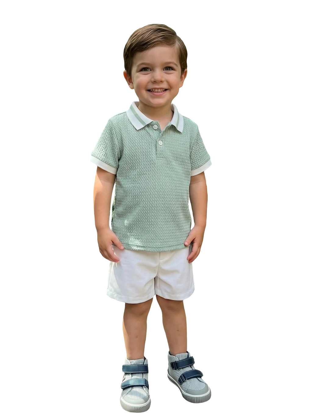 Conjunto de pantalones cortos para bebé niño, camisa de punto con cuello y manga corta y pantalones cortos, conjunto de verano de 2 piezas