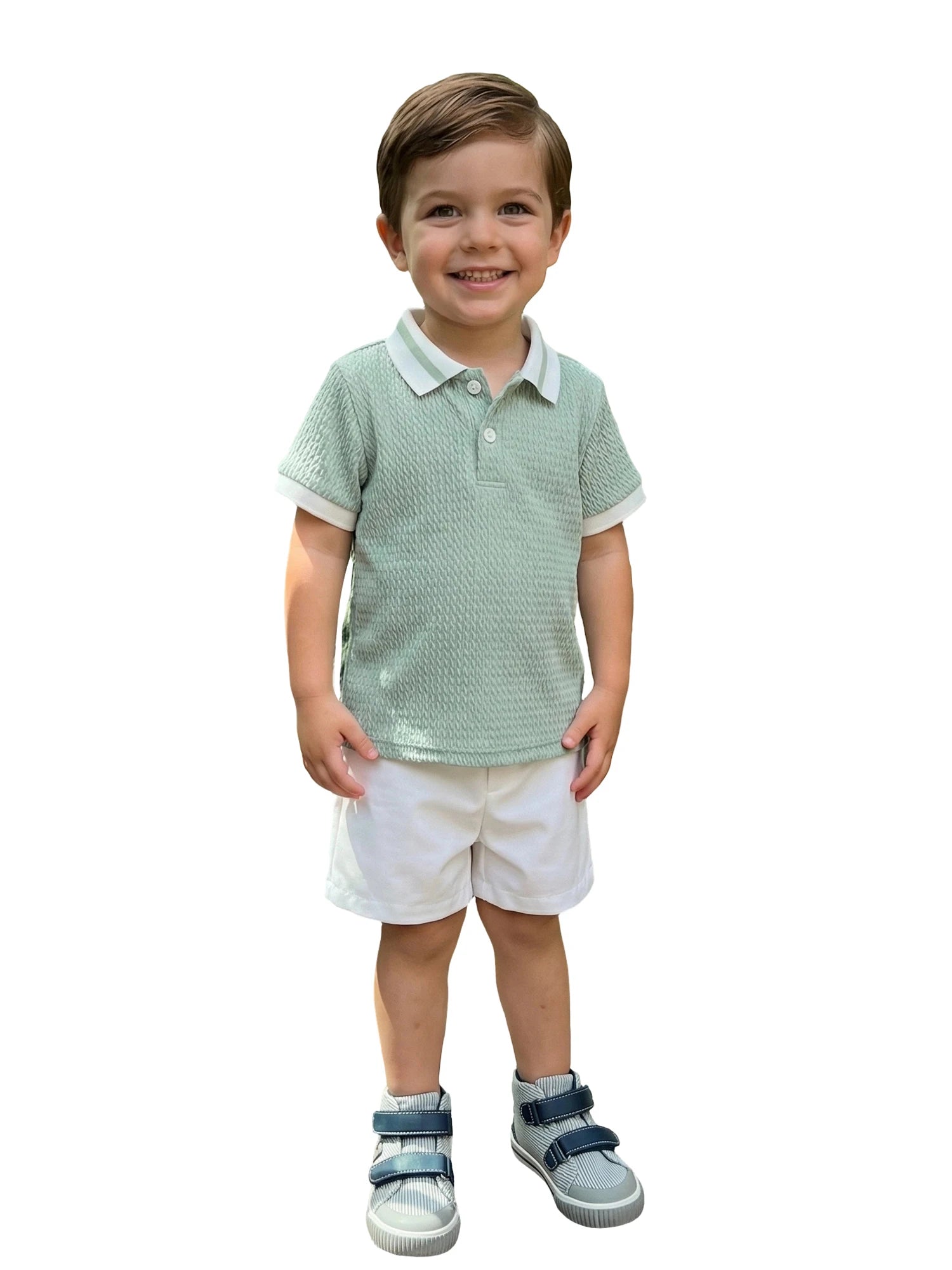 Conjunto de pantalones cortos para bebé niño, camisa de punto con cuello y manga corta y pantalones cortos, conjunto de verano de 2 piezas
