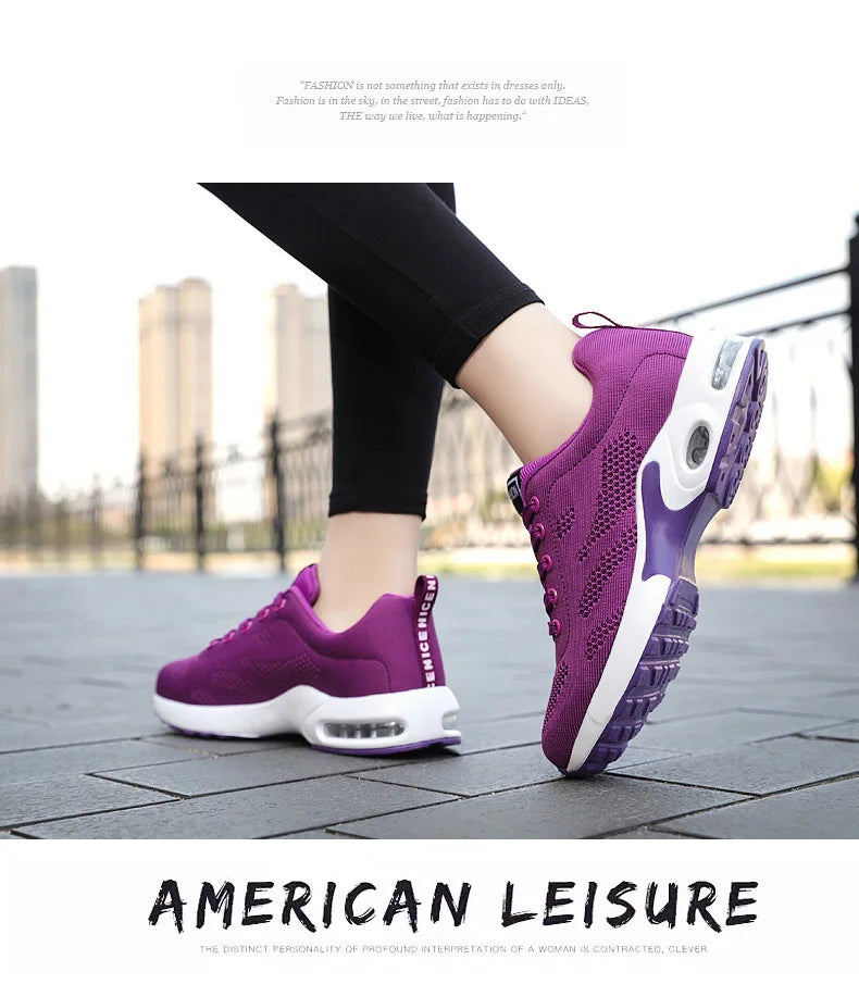 Zapatos deportivos transpirables con amortiguación de aire para mujer, zapatillas informales con cordones cruzados y tacón plano con punta redonda de estilo coreano