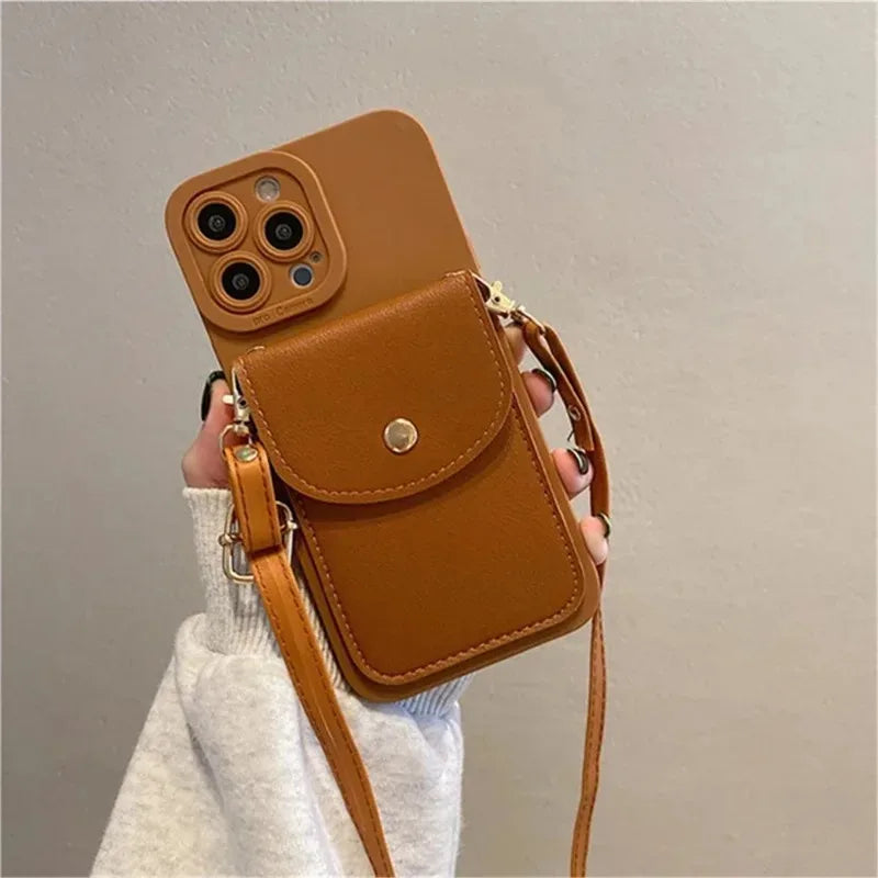 Funda de Lujo para Teléfono con Correa para el Cuello, Tipo Cartera de Cuero, para iPhone 16 Pro 14 11 12 13 15 17 Pro Max Plus, con Ranuras para Tarjetas
