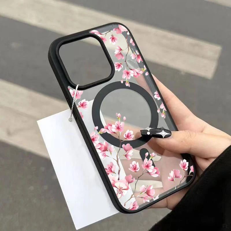 Funda de teléfono magnética con diseño de fondo Floral elegante de cereza rosa para iPhone 17 16 15 14 13 12 Pro Max 11 16 Plus 16E 17Air