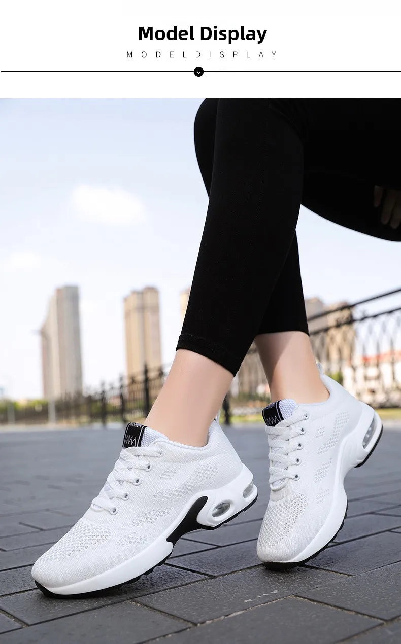 Zapatos deportivos transpirables con amortiguación de aire para mujer, zapatillas informales con cordones cruzados y tacón plano con punta redonda de estilo coreano