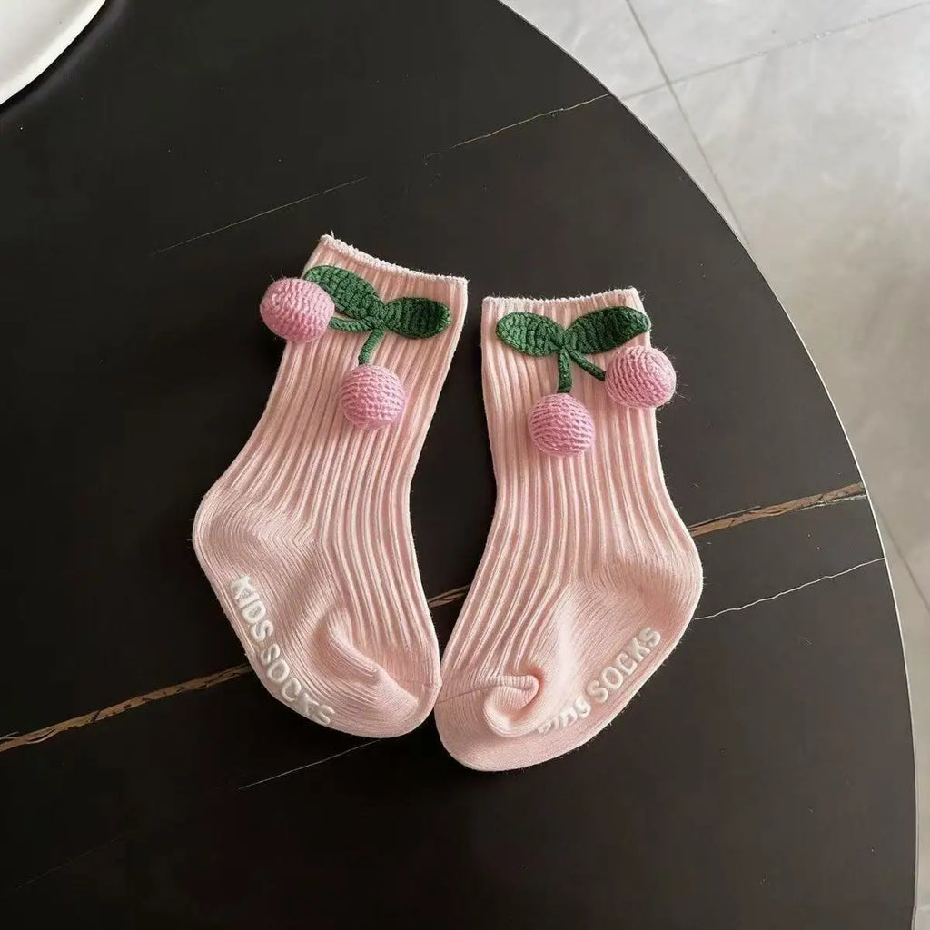 Calcetines rosas para niñas pequeñas, calcetines de algodón con lazo grande y encaje de cereza, calcetines de pantorrilla para niños, calcetines bonitos de princesa para niños de 1 a 5 años