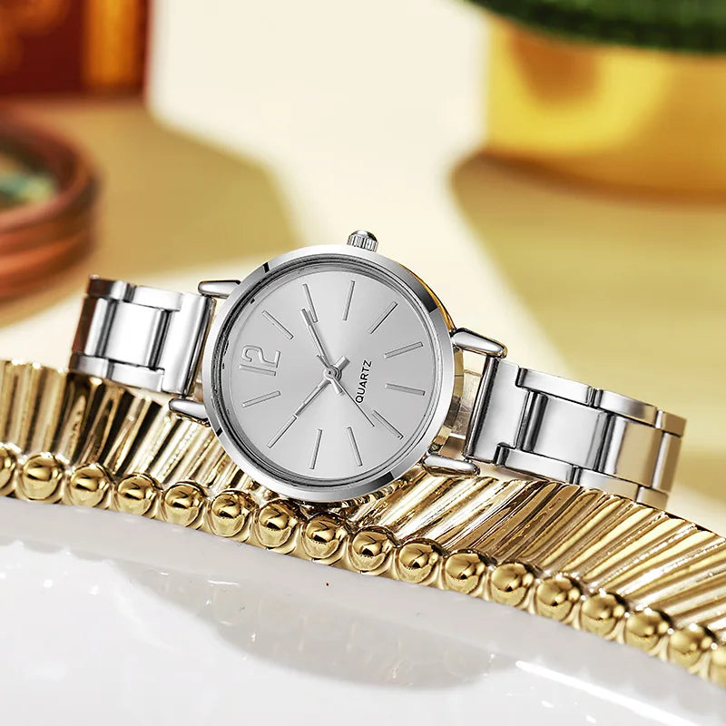 Reloj de lujo para Mujer, esfera redonda Simple, pulsera de oro de moda inoxidable, Reloj de pulsera de cuarzo, relojes para estudiantes y Mujer