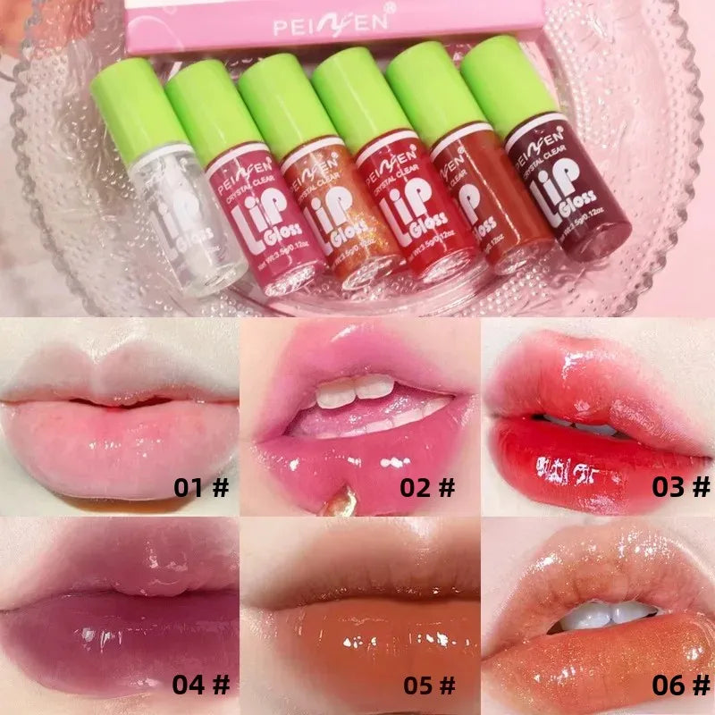 Juego de 6 piezas de brillo de labios con espejo de cristal, bálsamo labial ligero hidratante, brillo brillante, tinte transparente, melocotón, cereza, rosa