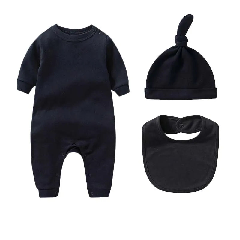 Conjuntos de 3 uds para bebé recién nacido, ropa para niño y niña de 0 a 3 meses, mono 100% de algodón, sombrero, babero, monos de manga larga de Color sólido, trajes infantiles