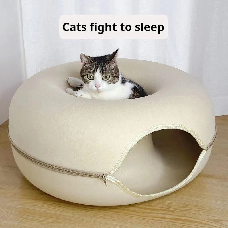 Cama Túnel para Gatos de Interior, Desmontable y Lavable, Cueva de Fieltro para Gatos, Escondite Interactivo, Nido de Descanso, Apto para Viviendas con Múltiples Gatos