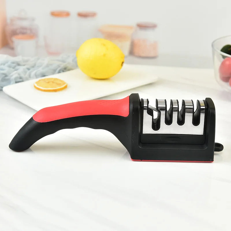 Afilador de cuchillos de 4 segmentos para cocina, tres usos negra de piedra de afilar, multifuncional, para el hogar