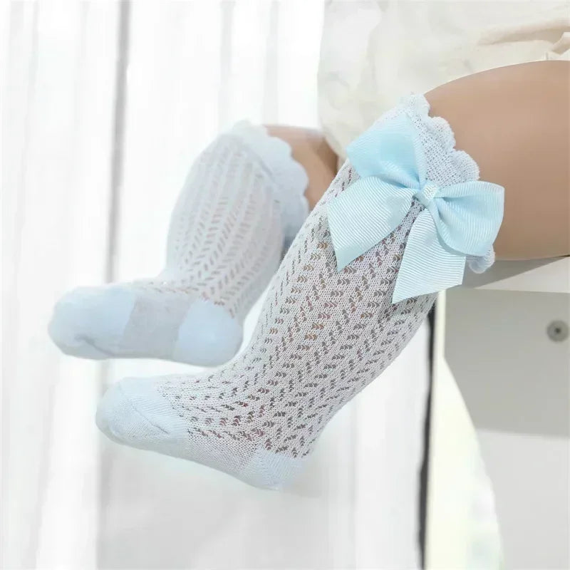 Calcetines hasta la rodilla para bebé de 0 a 36M, calcetines largos hasta la rodilla de malla de algodón con lazo grande para niño pequeño, calcetines largos de princesa para niña 2025