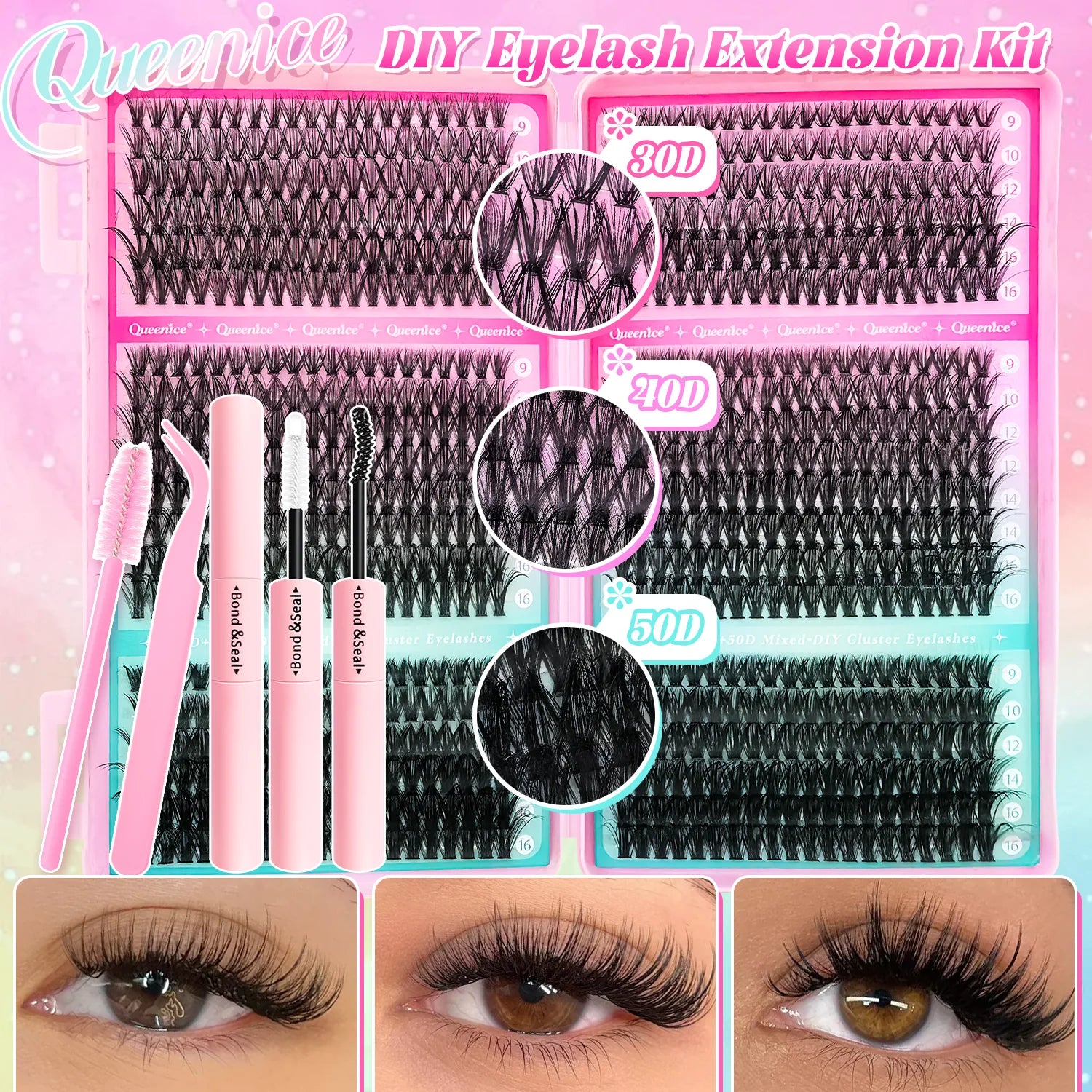 Kit de extensión de pestañas DIY, grupos de pestañas individuales de 9-16mm con unión y sello, pestañas naturales tenues