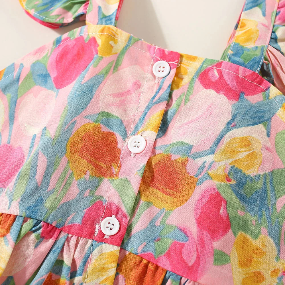 Conjunto de verano de 2 piezas con tirantes y pantalones cortos para niña, Top con tirantes de manga voladora pequeña con estampado de tulipán de dibujos animados