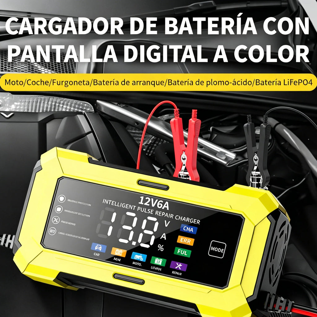 Cargador inteligente de pulso 12V 6A, adecuado para baterías de automóviles/motocicletas/camiones/AGM/GEL/EFB/ácido de plomo/LiFePO₄, con pantalla a color grande, cambio de modo con un solo botón,