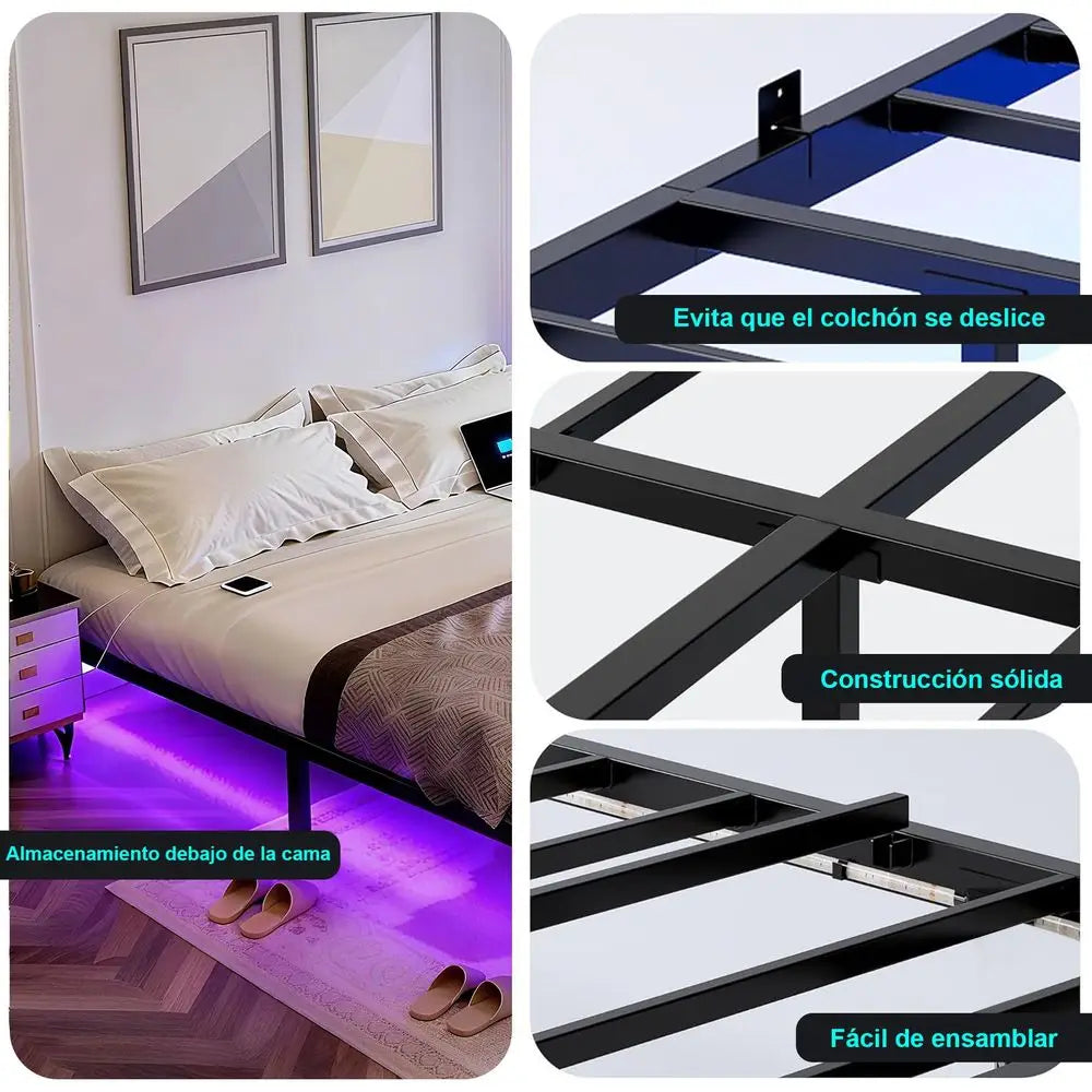 Base de Cama Matrimonial Flotante con LED y Enchufe, Base de Cama de Metal King Size, Apta para Adultos, Color Negro con Iluminación